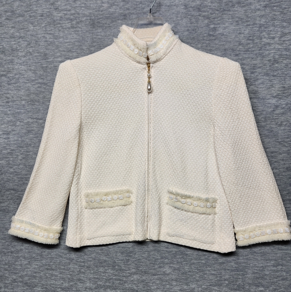 ST. JOHN Marie Gray cream knit w/ pearl  square beads accents fringe jacket 4